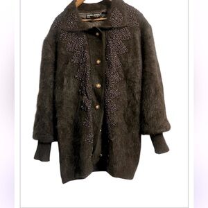 Park Avenue LAS VEGAS Angora Rabbit Hair Furry Cardigan Embroidered Large Women